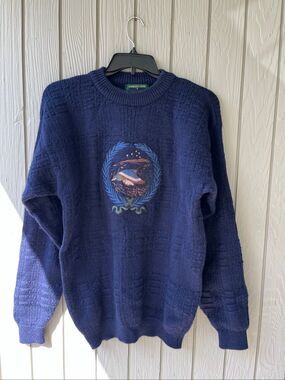 VTG Embassy Row Worsted Wool Mallard Duck Embroidered Sweater Large Navy